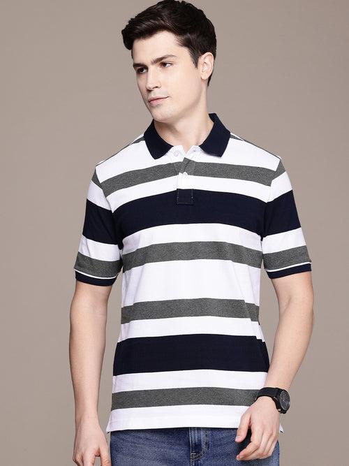 White & Navy Striped Polo Collar T-shirt