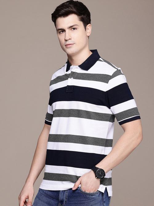 White & Navy Striped Polo Collar T-shirt