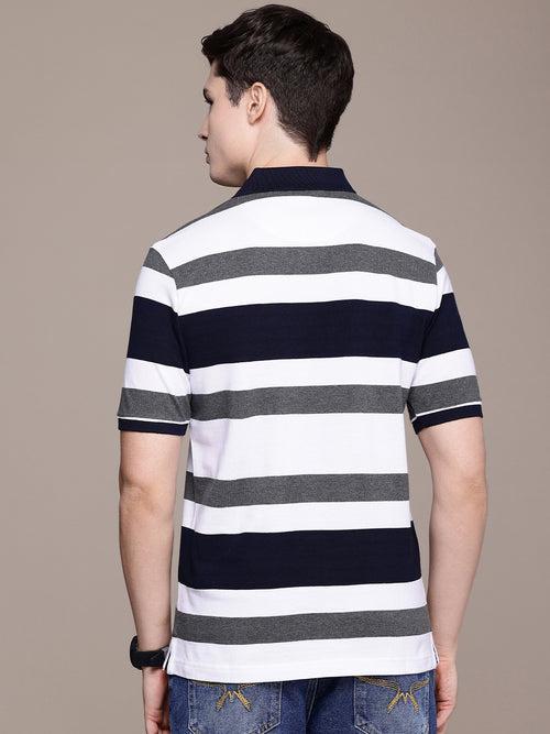 White & Navy Striped Polo Collar T-shirt