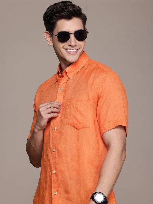 Orange Solid Half Sleeves Linen Shirt