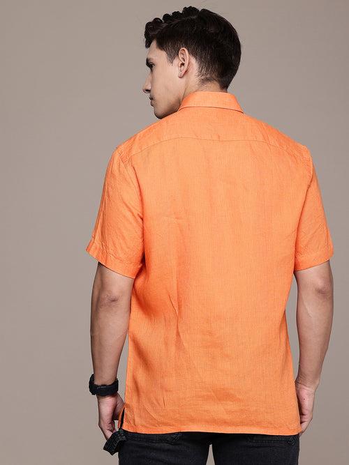 Orange Solid Half Sleeves Linen Shirt