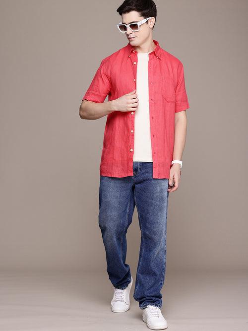 Coral Solid Opaque Casual Shirt