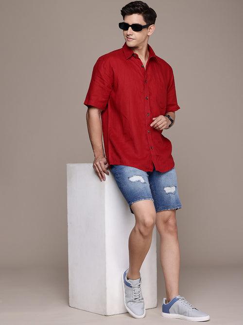 Red Half Sleeve Solid Linen Shirt