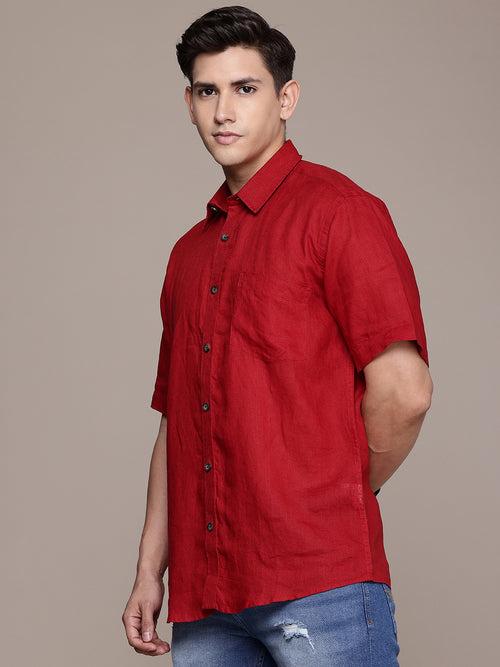 Red Half Sleeve Solid Linen Shirt