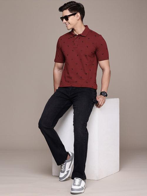 Maroon Printed Polo Collar T-shirt