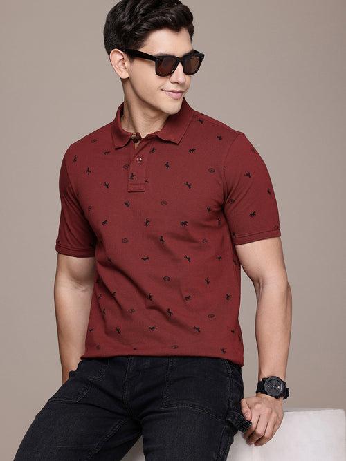 Maroon Printed Polo Collar T-shirt