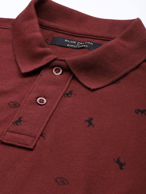 Maroon Printed Polo Collar T-shirt