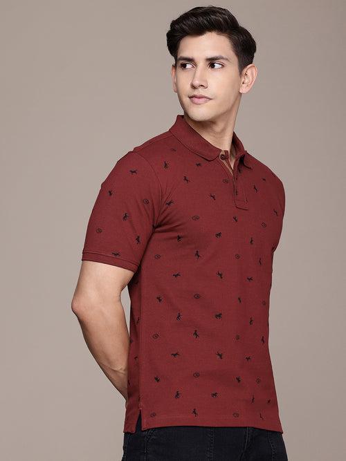 Maroon Printed Polo Collar T-shirt