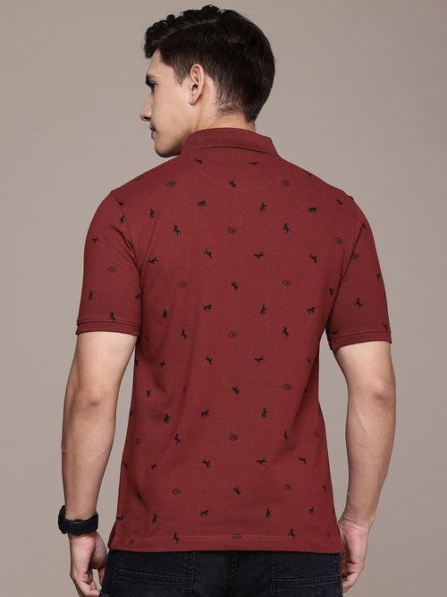 Maroon Printed Polo Collar T-shirt