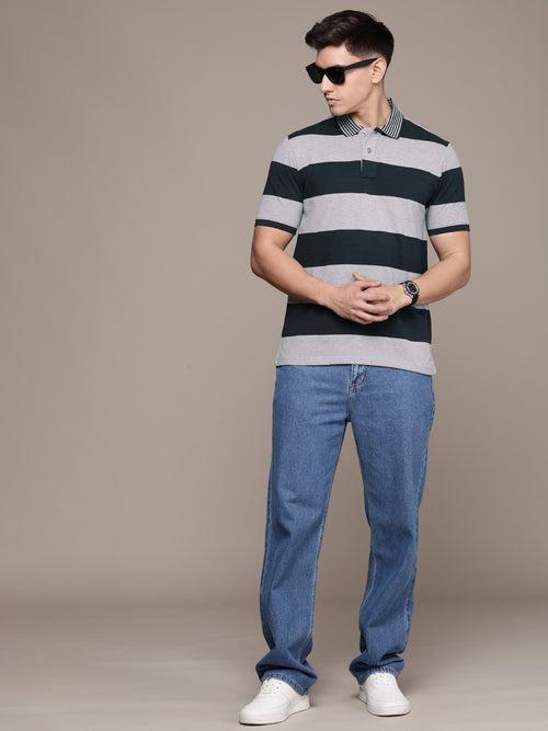 Grey & Navy Striped Polo Collar T-shirt