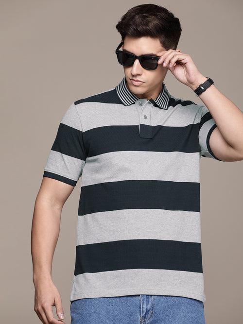 Grey & Navy Striped Polo Collar T-shirt