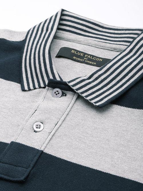 Grey & Navy Striped Polo Collar T-shirt