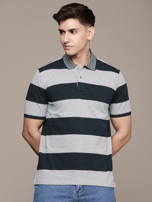 Grey & Navy Striped Polo Collar T-shirt