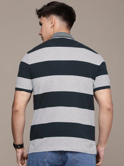 Grey & Navy Striped Polo Collar T-shirt