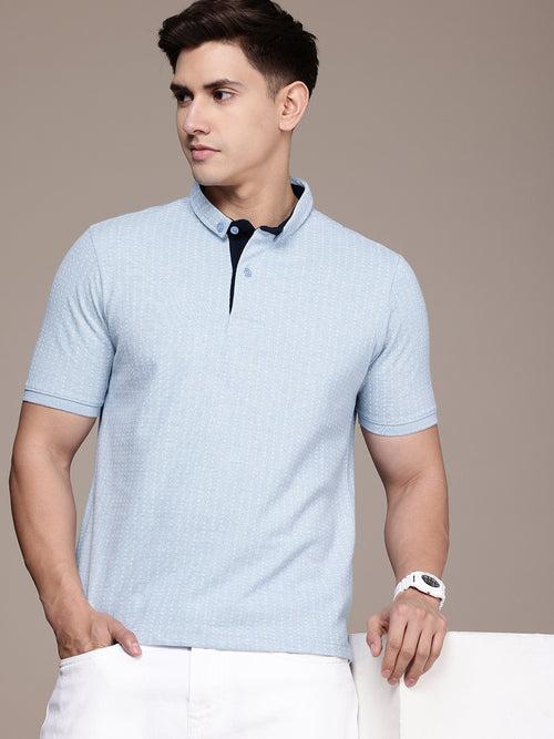 Blue Printed Polo Collar T-shirt