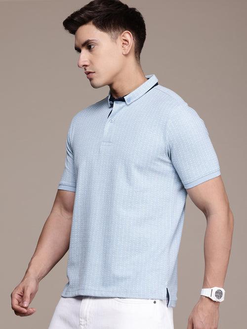 Blue Printed Polo Collar T-shirt