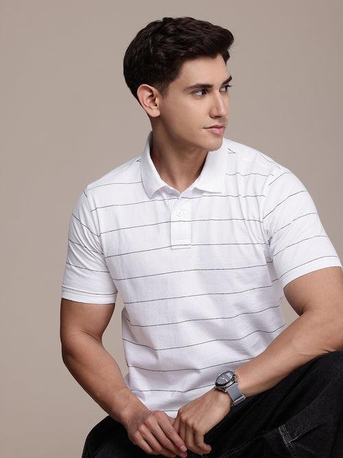 White Striped Polo Collar T-shirt