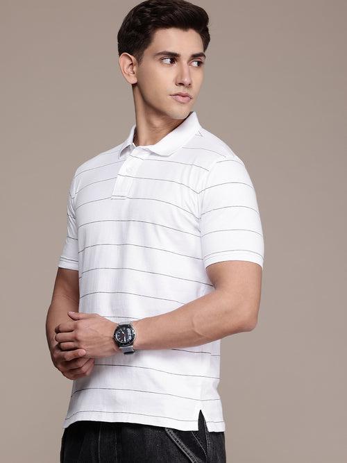 White Striped Polo Collar T-shirt