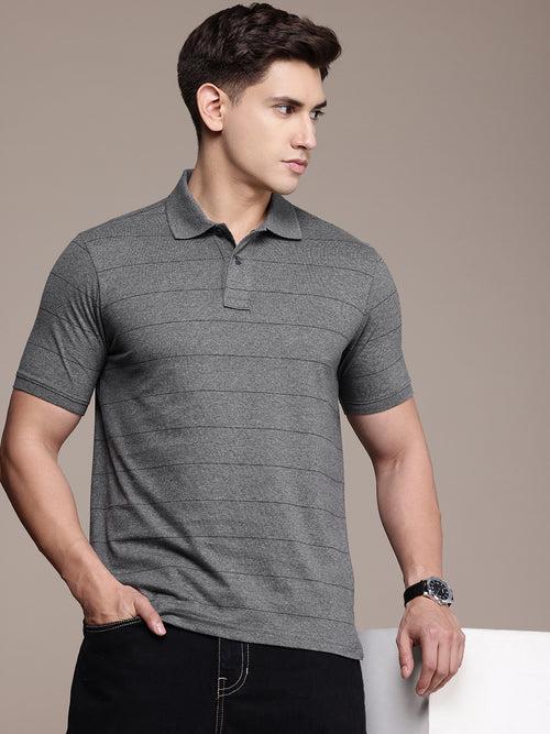 Grey Striped Polo Collar T-shirt