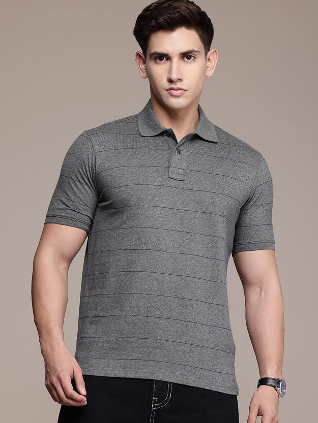 Grey Striped Polo Collar T-shirt