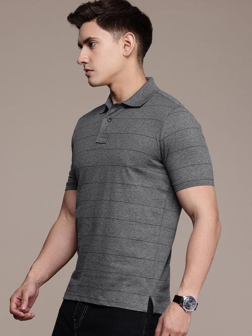 Grey Striped Polo Collar T-shirt