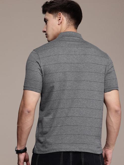 Grey Striped Polo Collar T-shirt