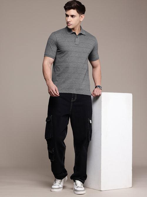 Grey Striped Polo Collar T-shirt