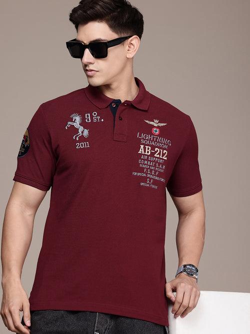 Maroon Typography Embroidered Polo Collar Applique T-shirt