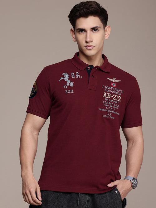 Maroon Typography Embroidered Polo Collar Applique T-shirt