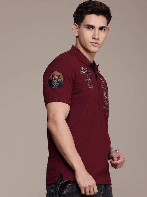 Maroon Typography Embroidered Polo Collar Applique T-shirt