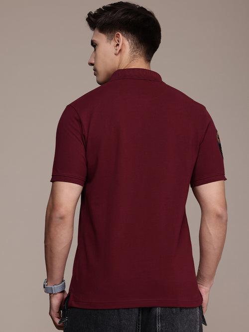 Maroon Typography Embroidered Polo Collar Applique T-shirt