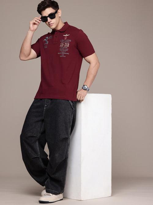 Maroon Typography Embroidered Polo Collar Applique T-shirt