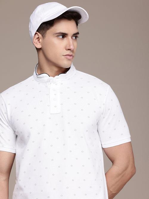 White Printed Henley Neck T-shirt