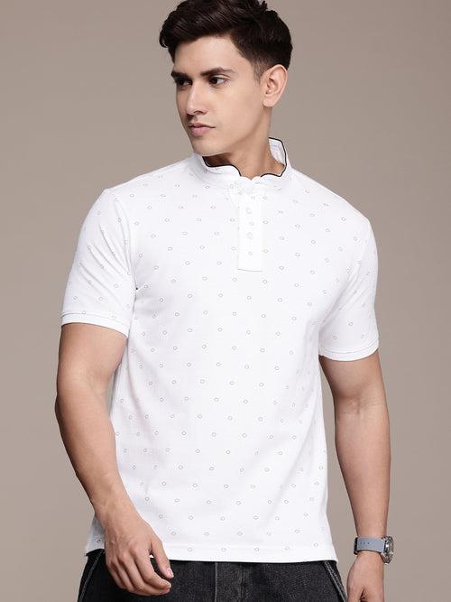 White Printed Henley Neck T-shirt