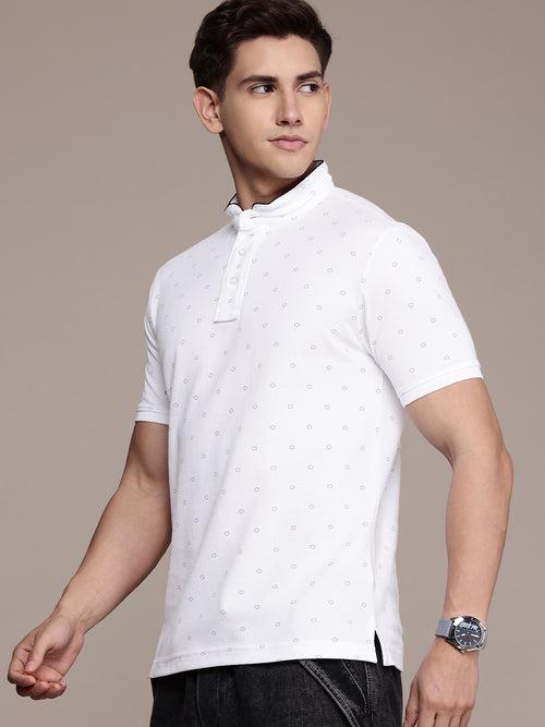 White Printed Henley Neck T-shirt