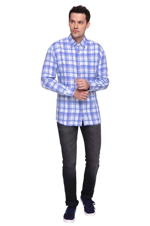 Sky Blue Linen Check Full Sleeve Shirt