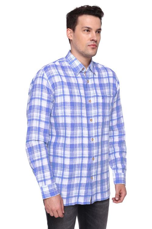 Sky Blue Linen Check Full Sleeve Shirt