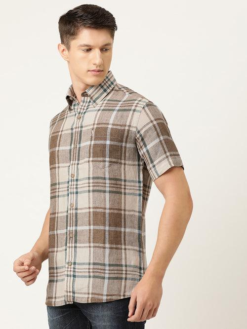 Off-White  Green Linen Regular Fit Checked Casual Shirt