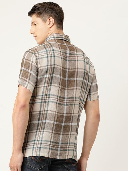 Off-White  Green Linen Regular Fit Checked Casual Shirt