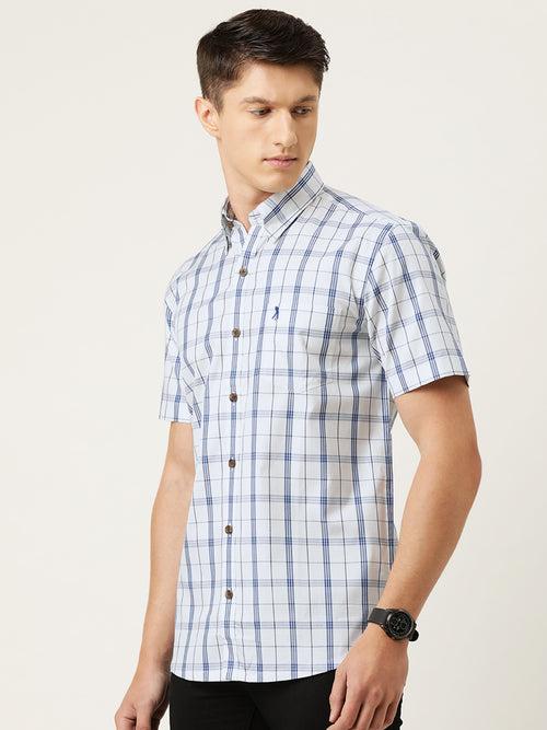 White  Blue Fine Oxford Pure Cotton  Checked Half Sleeve Casual Shirt