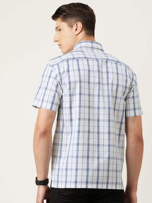 White  Blue Fine Oxford Pure Cotton  Checked Half Sleeve Casual Shirt