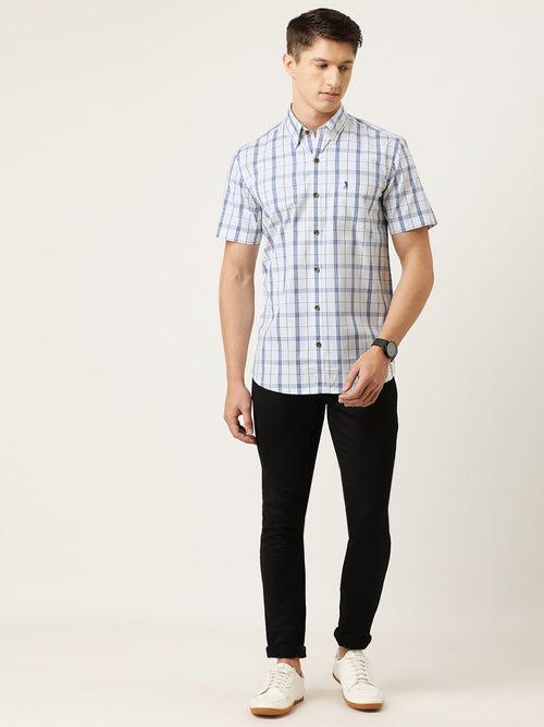 White  Blue Fine Oxford Pure Cotton  Checked Half Sleeve Casual Shirt