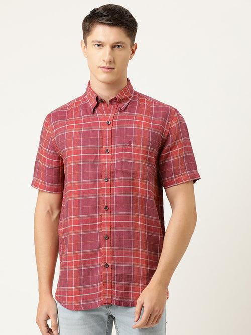 Red  Maroon Pure Linen Slim Fit Checked Casual Shirt