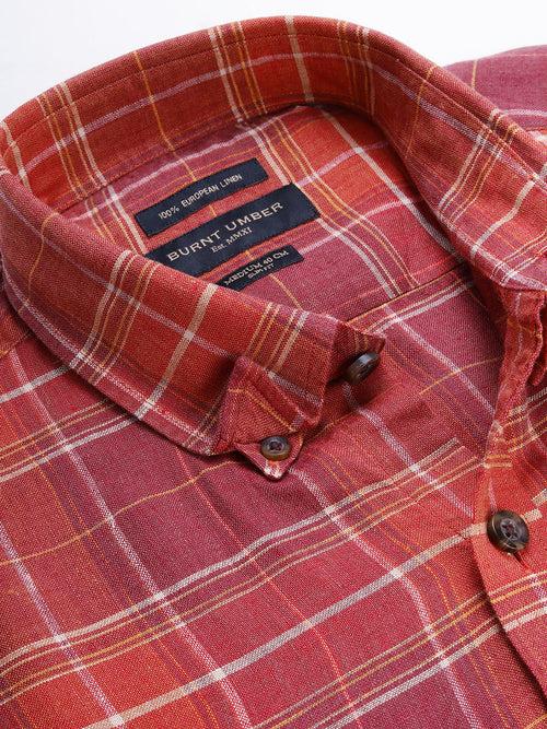 Red  Maroon Pure Linen Slim Fit Checked Casual Shirt