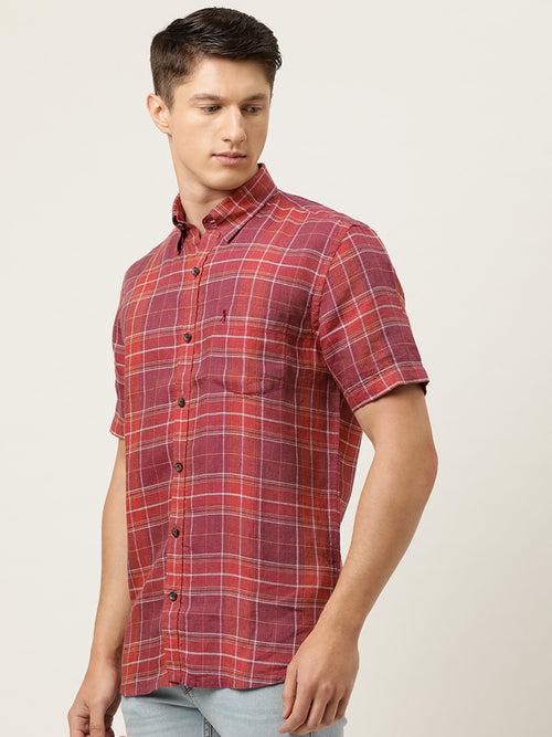 Red  Maroon Pure Linen Slim Fit Checked Casual Shirt