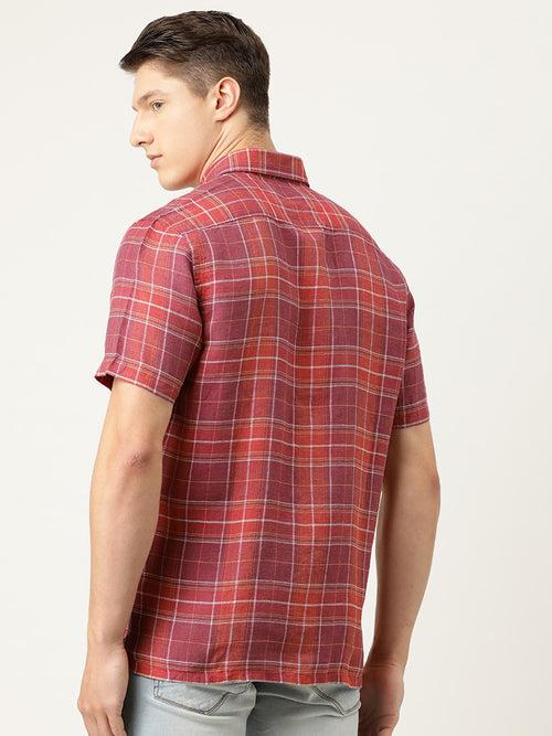 Red  Maroon Pure Linen Slim Fit Checked Casual Shirt