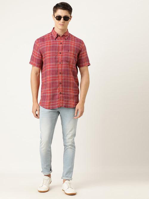 Red  Maroon Pure Linen Slim Fit Checked Casual Shirt