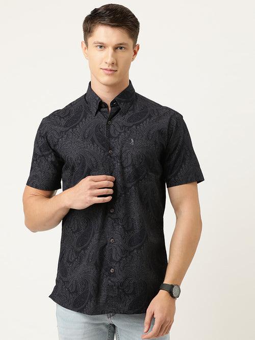 Men Black  White Cotton  Paisley Print Casual Shirt