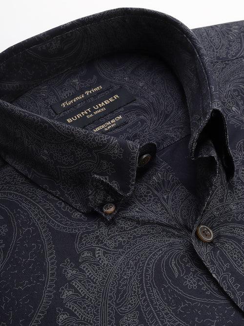 Men Black  White Cotton  Paisley Print Casual Shirt