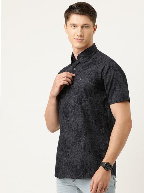 Men Black  White Cotton  Paisley Print Casual Shirt